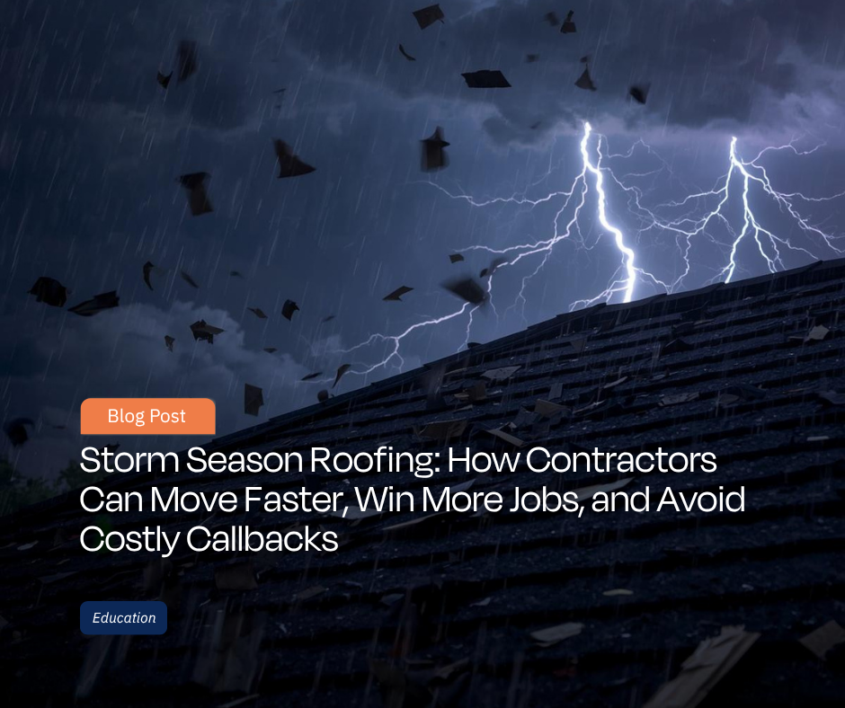 Storm damage hitting a residential roof during a lightning storm with heavy rain and flying debris, illustrating the impact of severe weather on roofing systems.