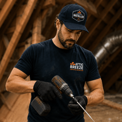 Certified Installer with Attic Breeze hat and working with a drill in the attic