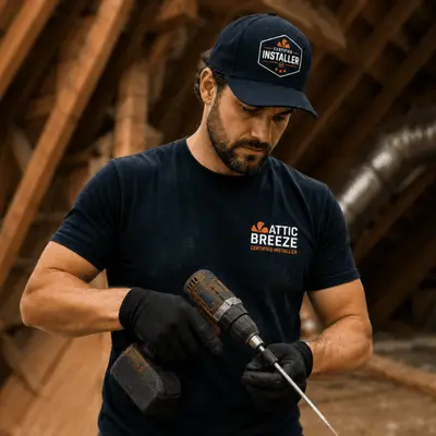 Certified Installer with Attic Breeze hat and working with a drill in the attic