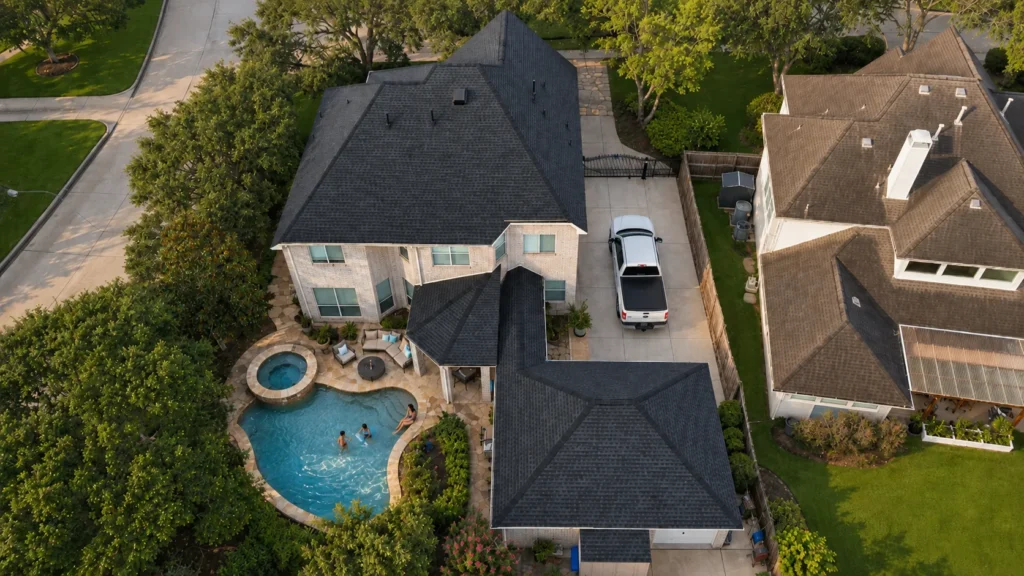 Aerial view of a two-story home with black Attic Breeze solar attic fans on its shingle roof