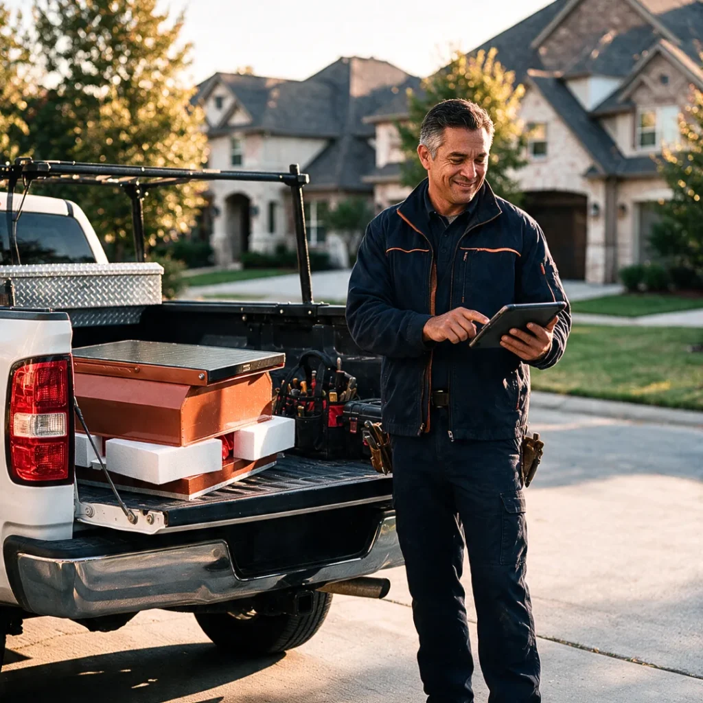 Contractor at his truck tailgate reviewing a job on a tablet, with a boxed Attic Breeze solar attic fan and tool bag in the bed