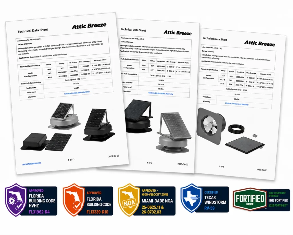 Attic Breeze technical data and product approval references