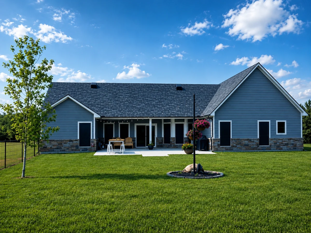 A single-family home with an Attic Breeze solar attic fan installed on the roof