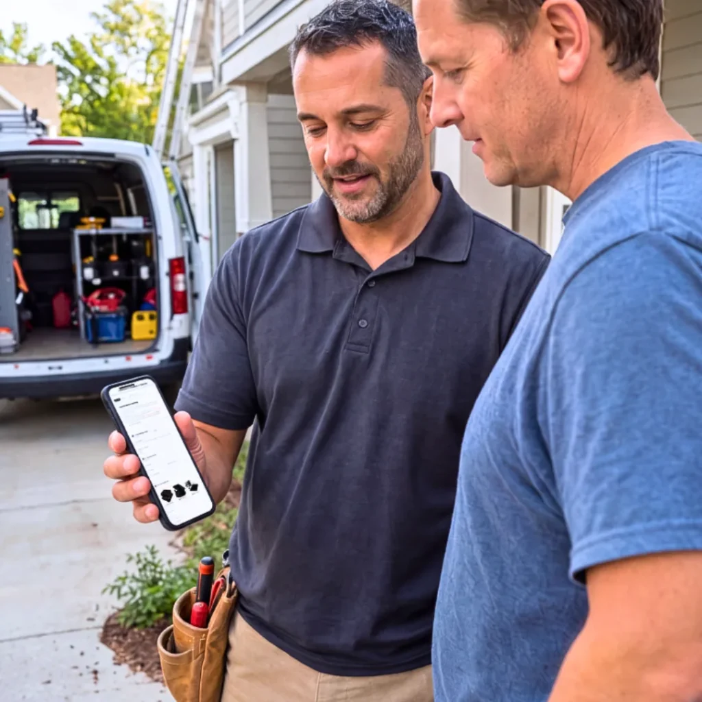 Contractor showing a homeowner the warranty registration on a phone beside his service van