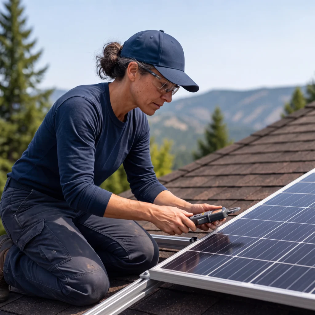 Contractor in safety glasses kneeling on a shingle roof to work on a rooftop solar panel