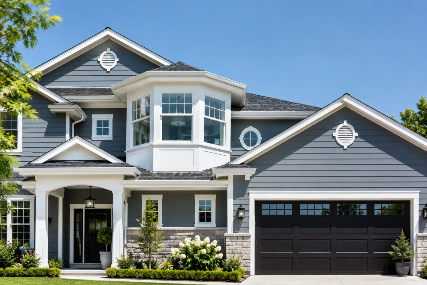 Two-storey home with round GableBreeze gable vents on the front gable and garage gable