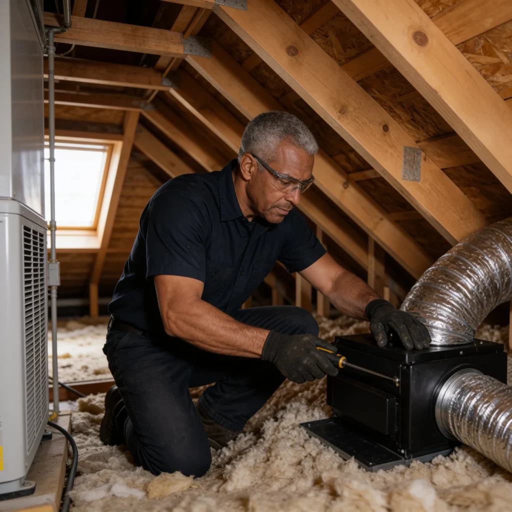 HVAC technician connecting flexible ductwork in an insulated attic