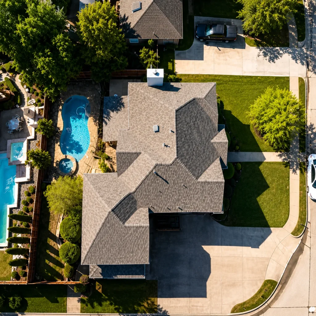 Overhead view of a residential shingle roof, showing the full roof plane and surrounding property