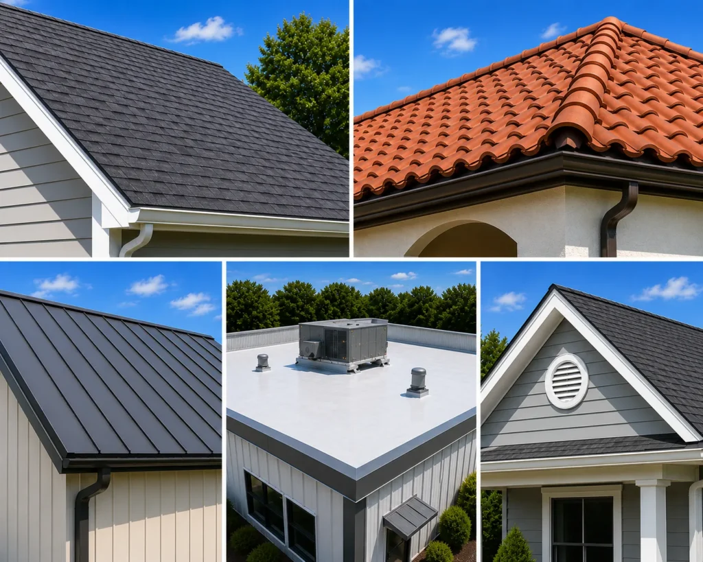 Attic Breeze solar attic fans shown on shingle, tile, metal, low-slope and gable roof types