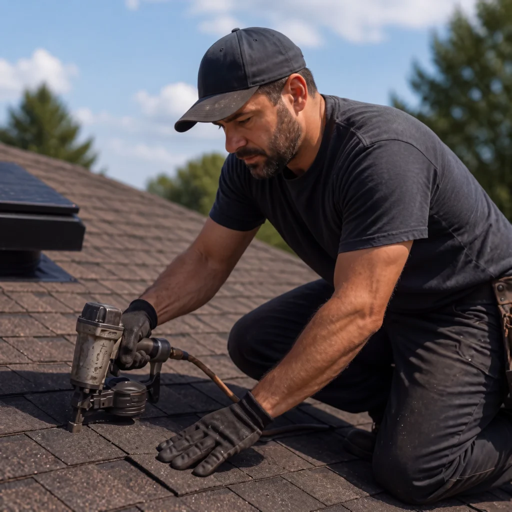 Roofing contractor using a nail gun on a shingle roof