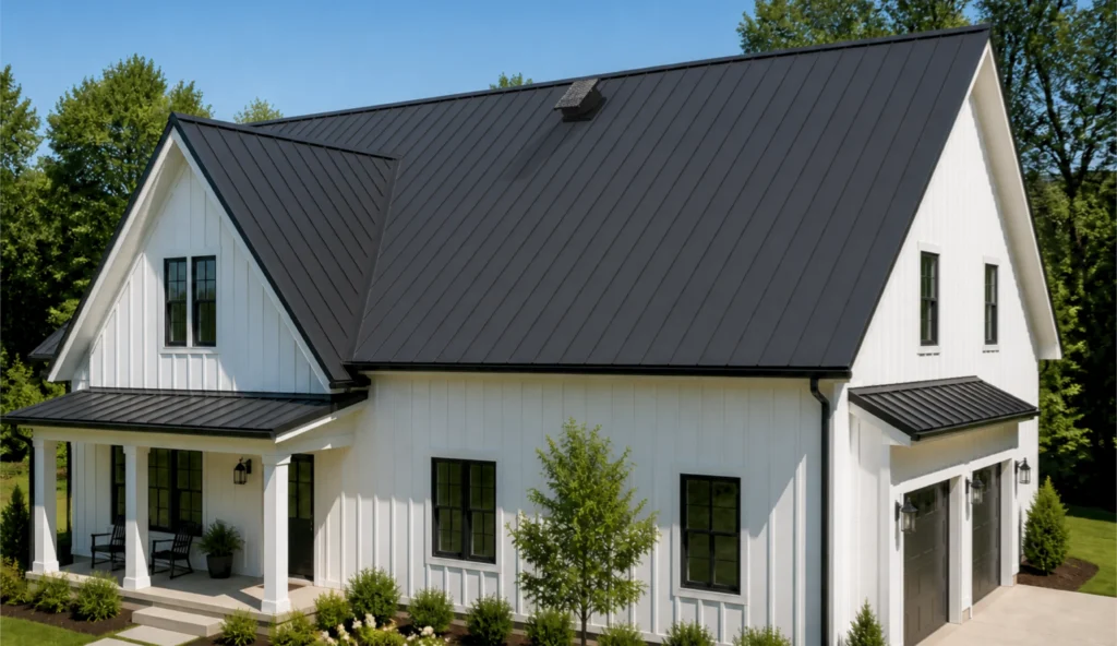 White farmhouse with a black standing-seam metal roof and a low-profile solar attic fan near the ridge