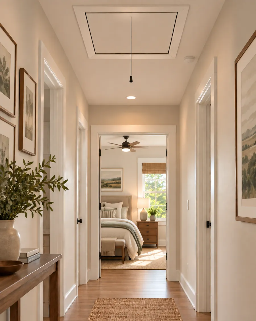 Upstairs hallway with a pull-down attic access hatch in the ceiling, looking through to a sunlit bedroom