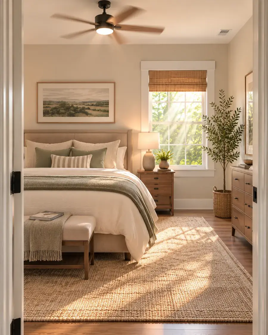 Sunlit bedroom with a ceiling fan running and late-afternoon light across the floor