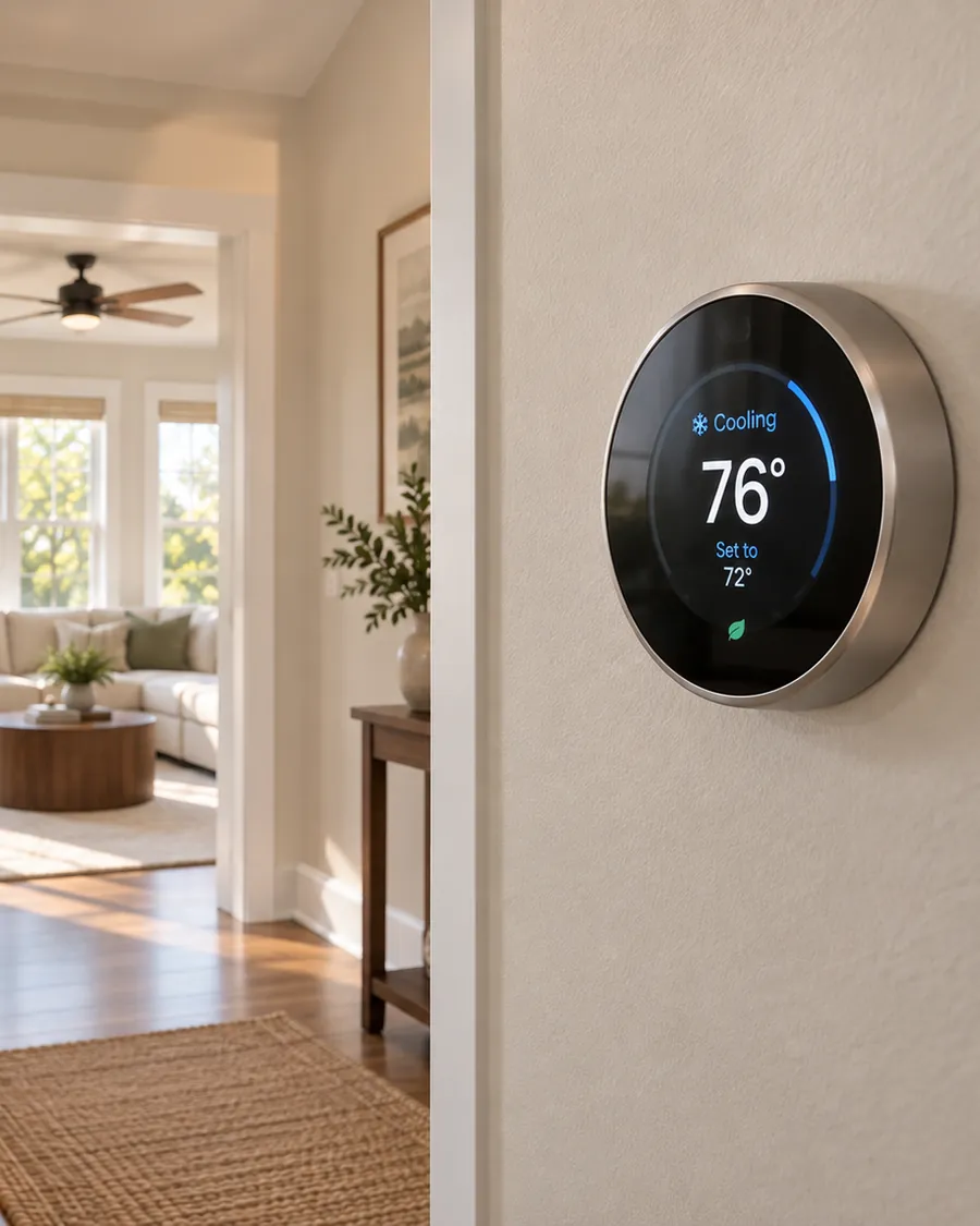Wall thermostat in a home entry reading 76 degrees while set to 72, with a sunlit living room beyond