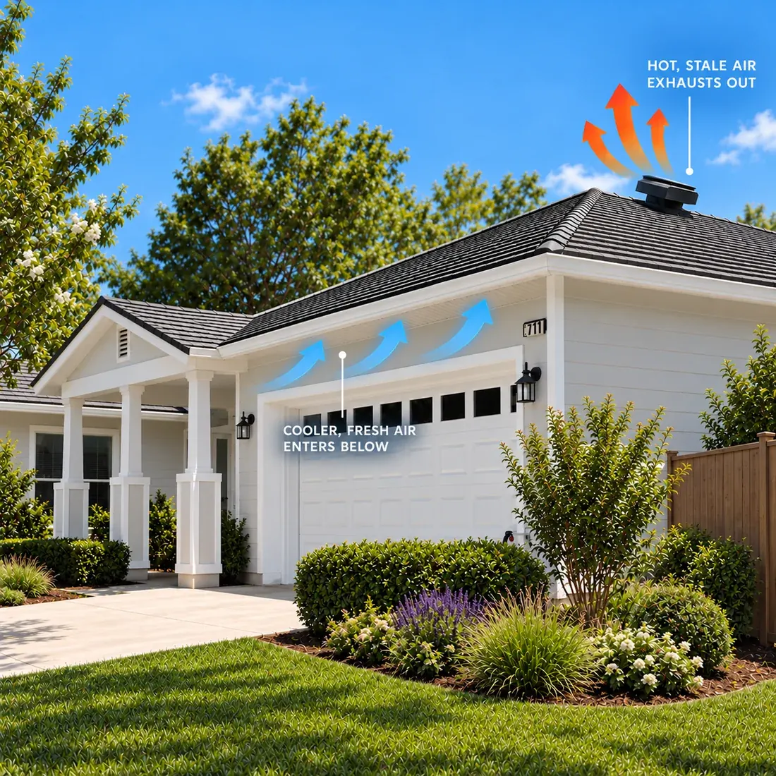Single-story home with a roof-mounted Attic Breeze solar attic fan. Blue labelled arrows show cooler, fresh air entering below at the eaves, and orange arrows show hot, stale air exhausting out through the fan at the roof.