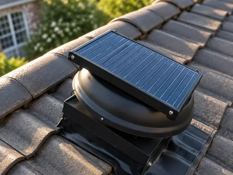 AeroBreeze low-profile solar attic fan installed on a tile roof