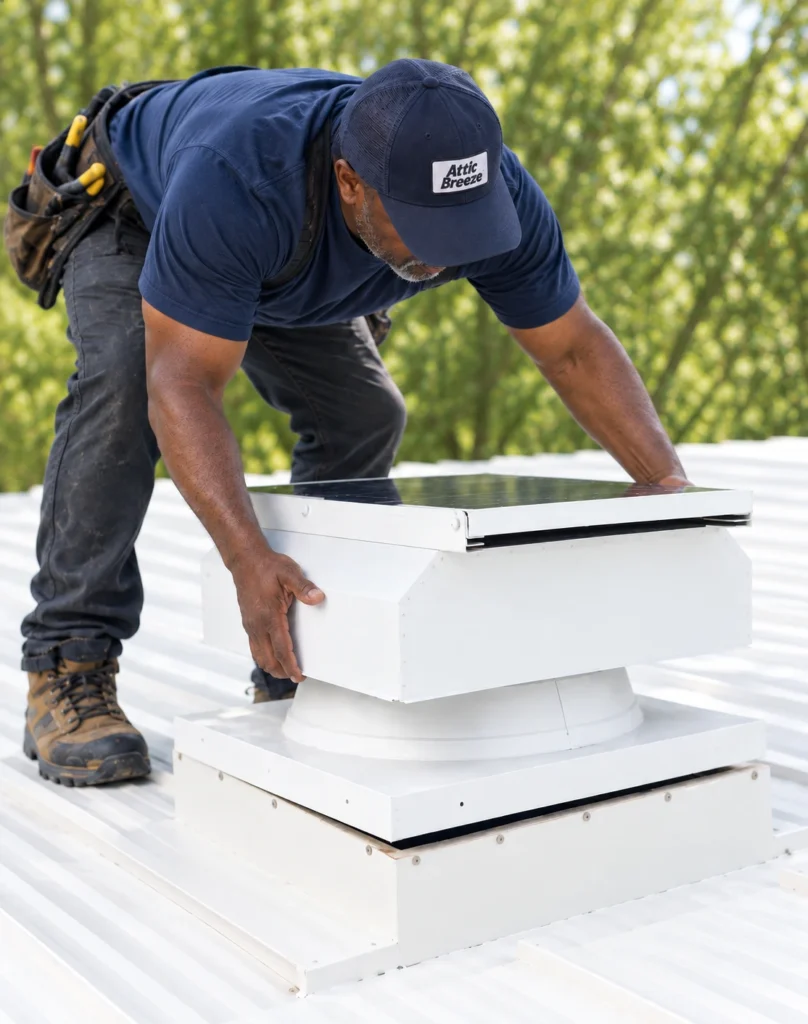 Attic Breeze contractor installing a curb-mount solar attic fan on a standing-seam metal roof