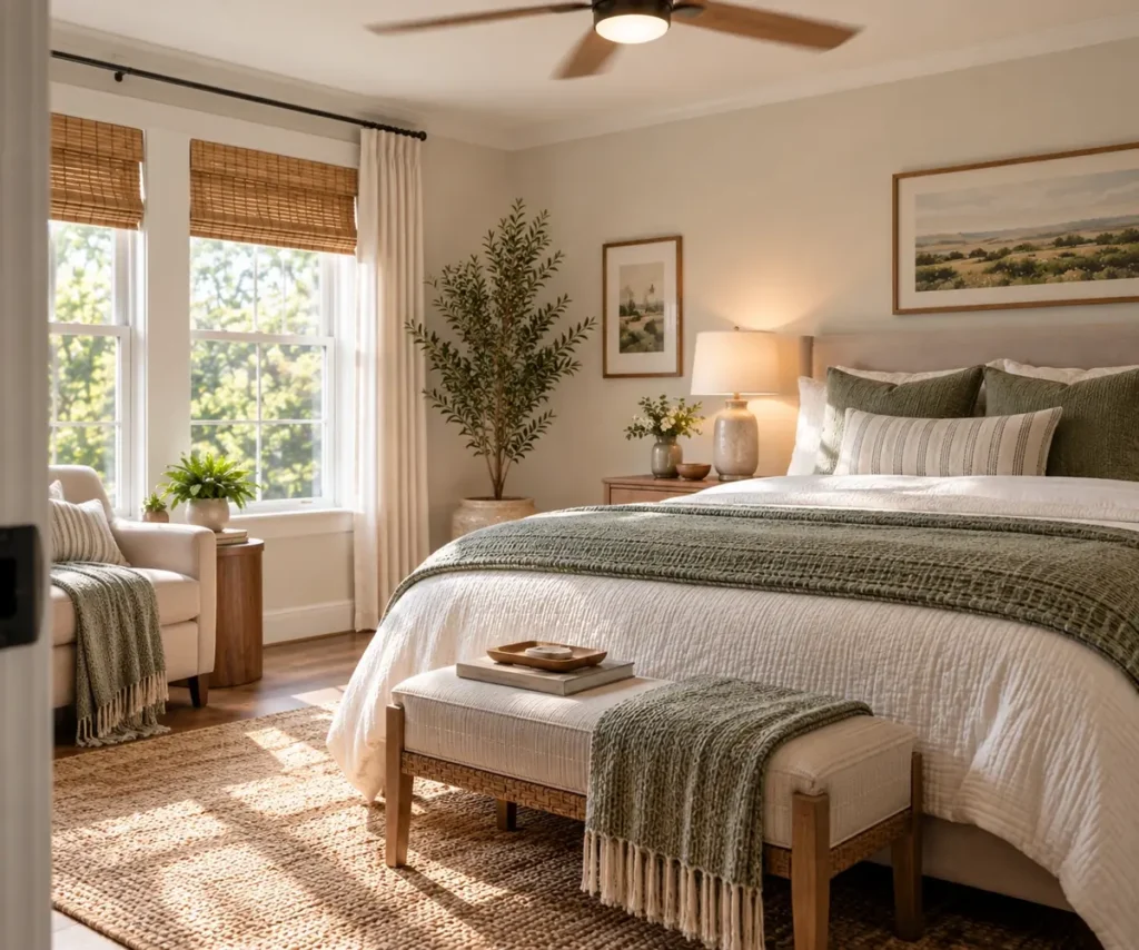 Sunlit bedroom with a ceiling fan, green throw and pillows, woven window shades and an olive tree beside the windows