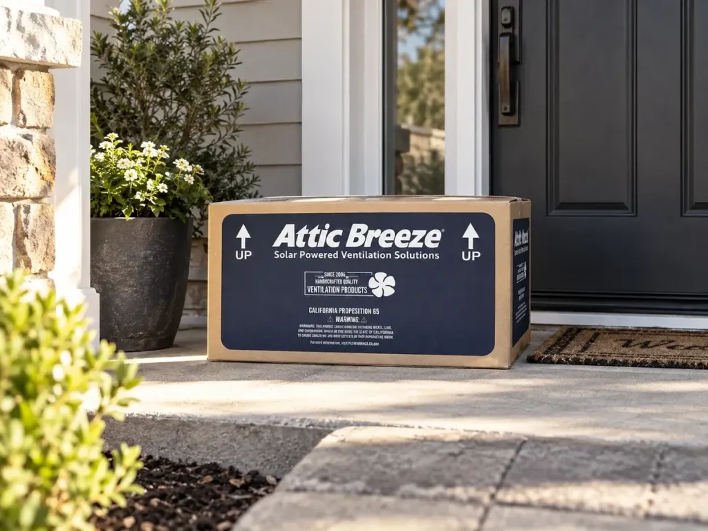 Attic Breeze shipping box on a front porch outside a home