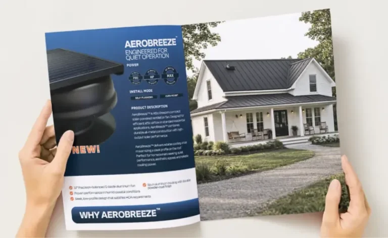 Hands holding the Attic Breeze product catalog open to the AeroBreeze page