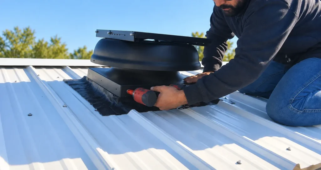 Installer fastening a black Attic Breeze solar attic fan onto a white standing-seam metal roof with a cordless drill