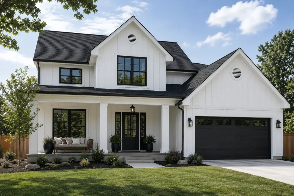 Two-storey white farmhouse with a black roof and round gable vents on the main gable and the garage