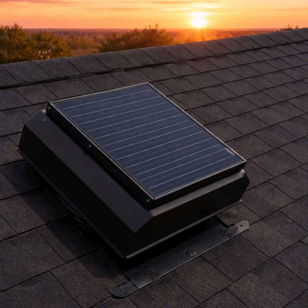 UltraBreeze solar attic fan at sunset