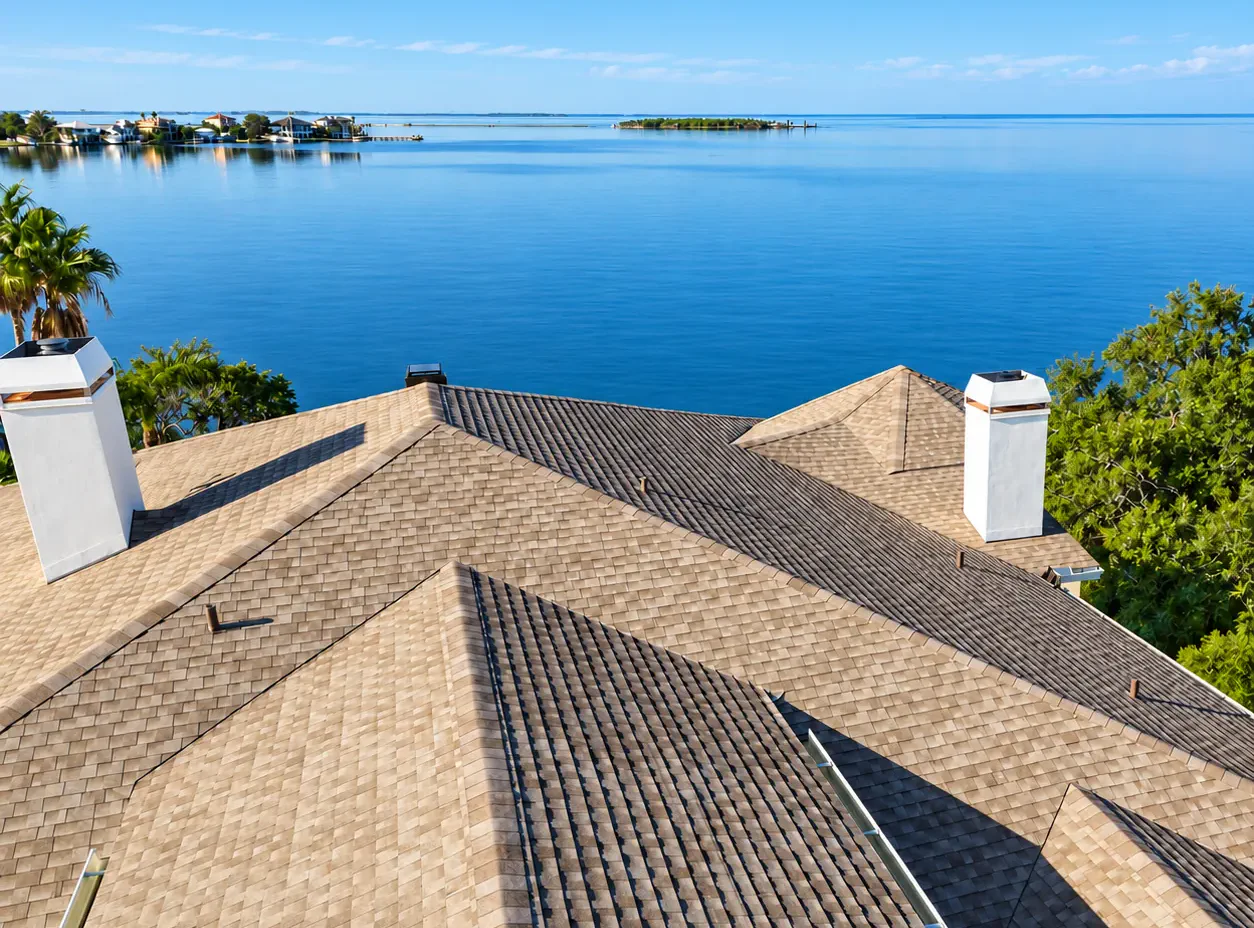 Aerial view of a tan asphalt shingle roof on a waterfront home overlooking the bay
