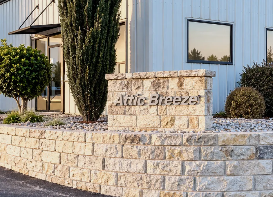 Attic Breeze office entrance and stone sign in Gatesville, Texas