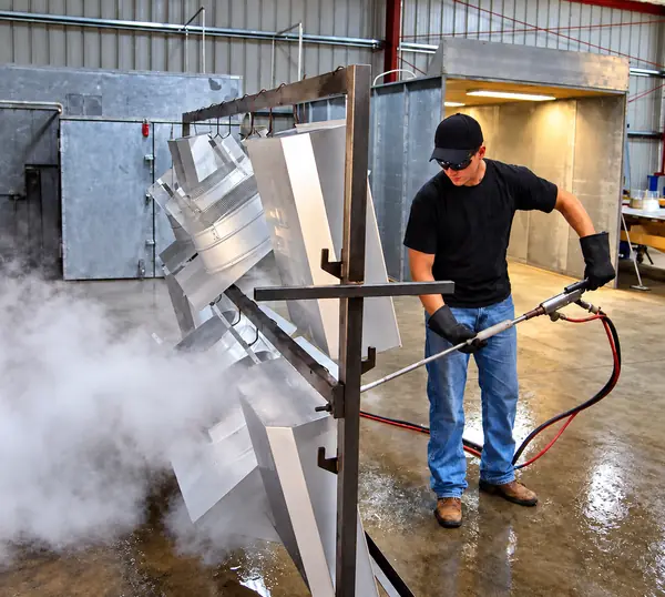 Attic Breeze team member cleaning fan parts in the production shop