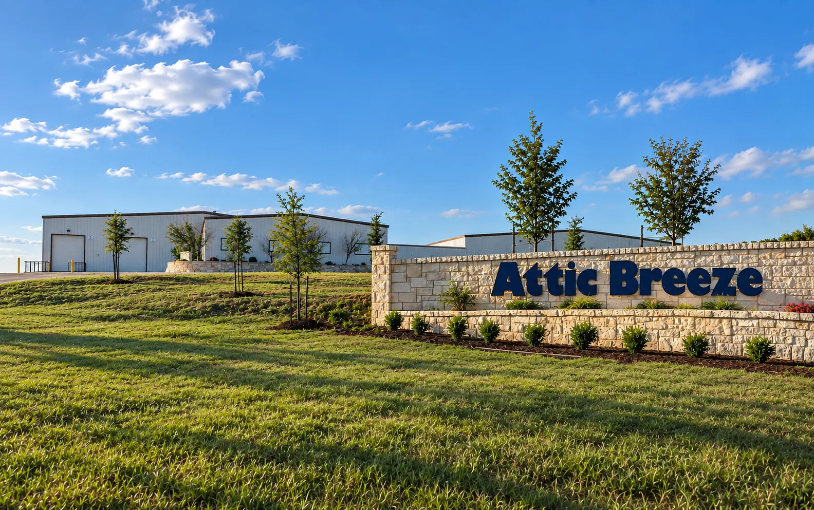 Attic Breeze facility and stone entrance sign in Gatesville, Texas