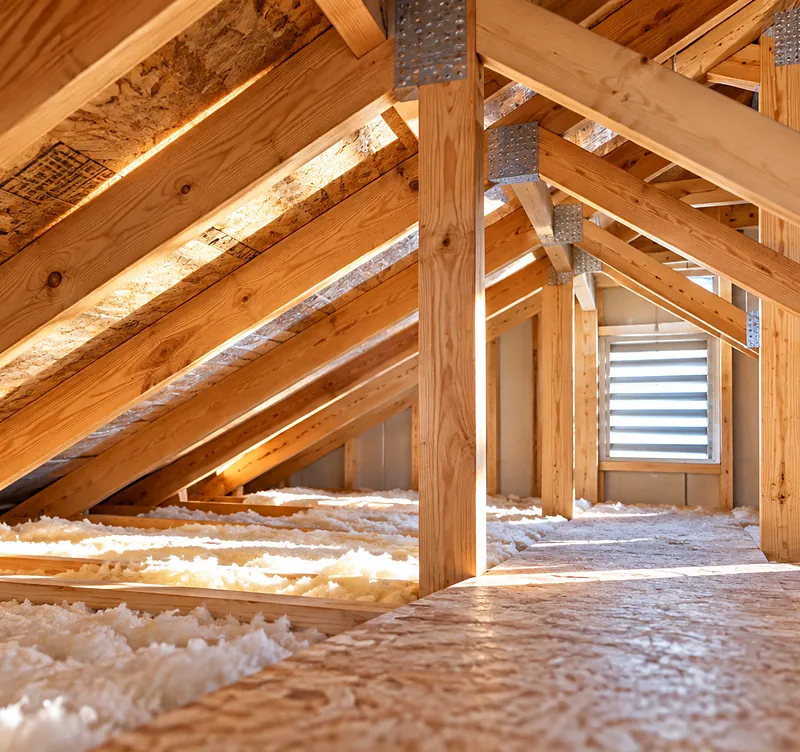 Open attic with exposed wood rafters and trusses, blown-in insulation between the floor joists, a decked walkway and a gable vent