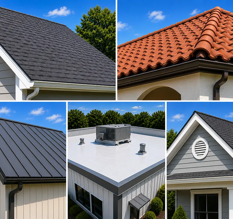 Five roof types: asphalt shingle, clay tile, standing-seam metal, flat membrane and a shingled gable