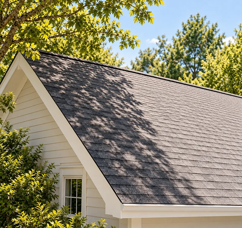 Shingled roof partly shaded by an overhanging tree on a sunny day