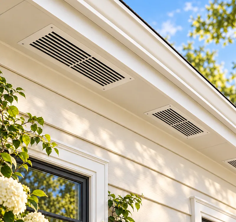Louvered soffit intake vents set into the eave above lap siding